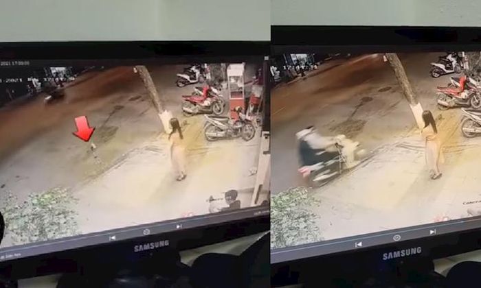 Lúc này, cô gái dựng điện thoại trên giá đỡ ngay trên vỉa hè, đứng quay clip bắt trend trên TikTok. Vừa vào nhịp nhún nhảy được 3 giây, hai tên cướp từ xa bất ngờ phóng xe máy qua giật "nhanh như chớp'' chiếc điện thoại kèm luôn dụng cụ khiến cô gái ngỡ ngàng, không kịp phản ứng.