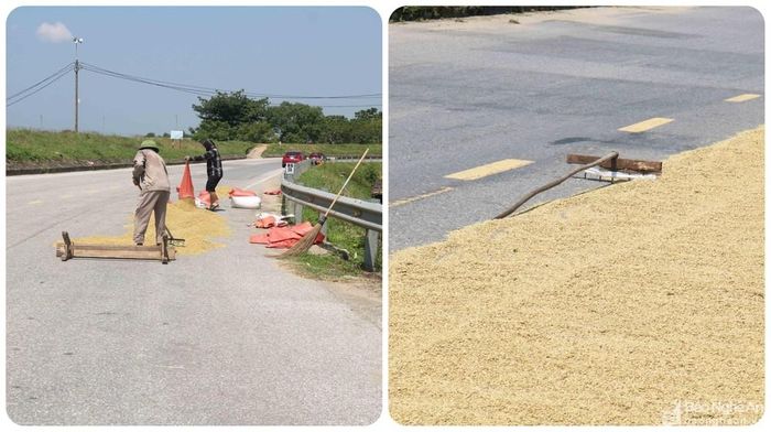 Ghế gỗ, cào lúa bằng sắt cũng được người dân sử dụng làm vật cản khi phơi lúa. Việc sử dụng cào sắt để giữa lòng đường quá nguy hiểm đối với phương tiện và người tham gia giao thông. Ảnh: Huy Thư
