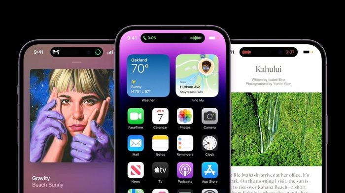 Nhờ đưa các thông tin ra xung quanh phần khuyết, Apple khiến phần không thể hiển thị thông tin trên màn hình iPhone 14 Pro bớt vô dụng. Ảnh: Apple.