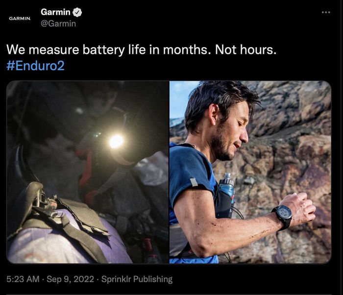 Garmin nhấn mạnh ưu điểm của đồng hồ Enduro 2 so với Apple Watch Ultra. Ảnh: Twitter.
