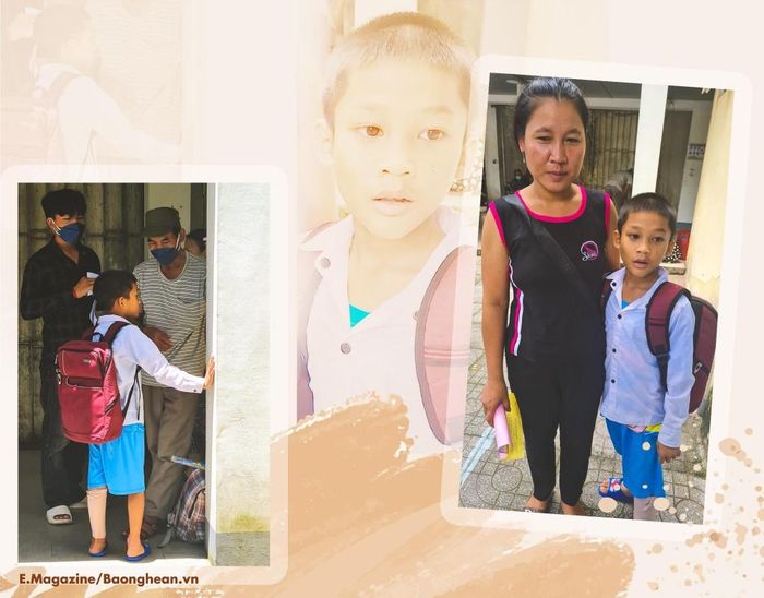 Hai mẹ con Cụt Văn Lu mang sẵn cặp sách chờ làm thủ tục xuất viện về huyện Kỳ Sơn chuẩn bị trở lại trường.