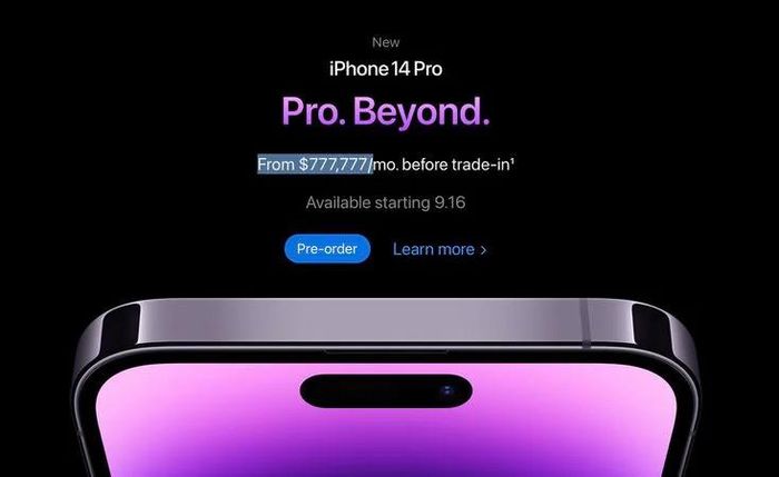 Trang web của Apple hiển thị sai giá iPhone 14. Ảnh: Macrumors