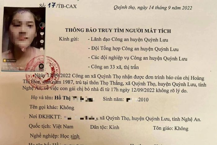Công an xã Quỳnh Thọ đã phát thông báo truy tìm người mất tích (Ảnh: Gia đình cung cấp).
