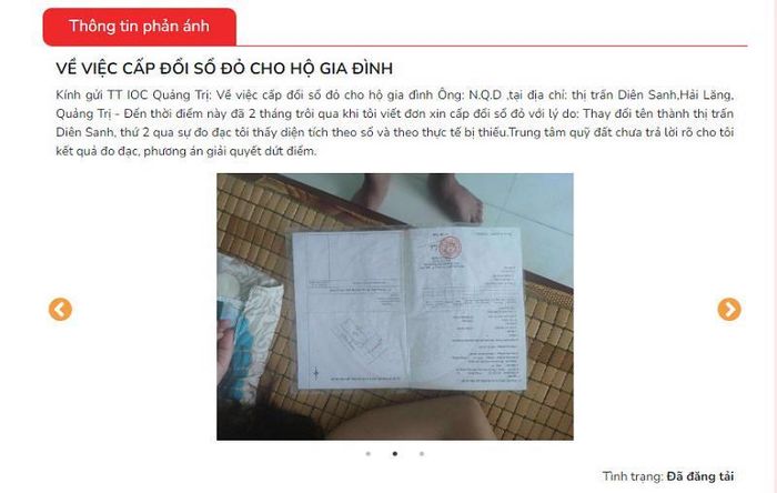 Người dân bức xúc phản ánh việc cấp đổi GCNQSDĐ chậm trễ trên Cổng thông tin phản ánh hiện trường tỉnh Quảng Trị.