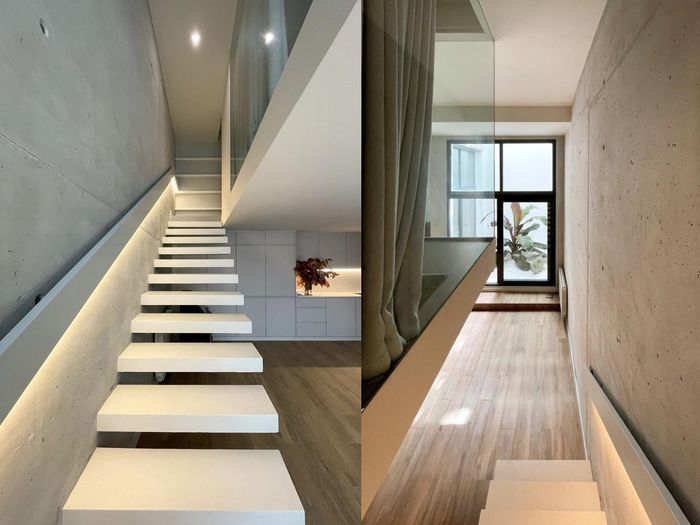  Một góc nhìn khác từ khu vực bậc thang của dinh thự. Các bậc thang được tạo hình bằng các khối hình chữ nhật. Cầu thang này cũng củng cố ý tưởng về các yếu tố nổi trong tổng thể kiến trúc. Ảnh: Frame Studio. 