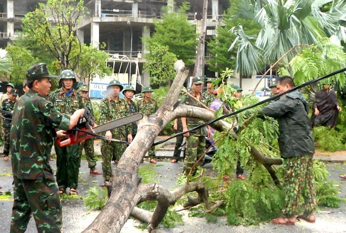 Cán bộ, chiến sĩ Bộ CHQS TP Đà Nẵng dọn cây cối ngã đổ trên các tuyến đường. 