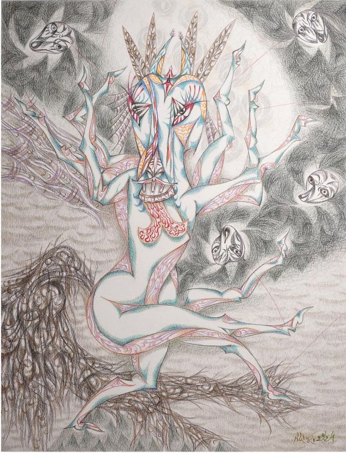 “Ngựa. Ngựa-Người. Người- Ngựa” (số 58) - ( Vũ điệu ở Địa phủ I). Chì màu trên giấy. 2021. 65 x 50 cm