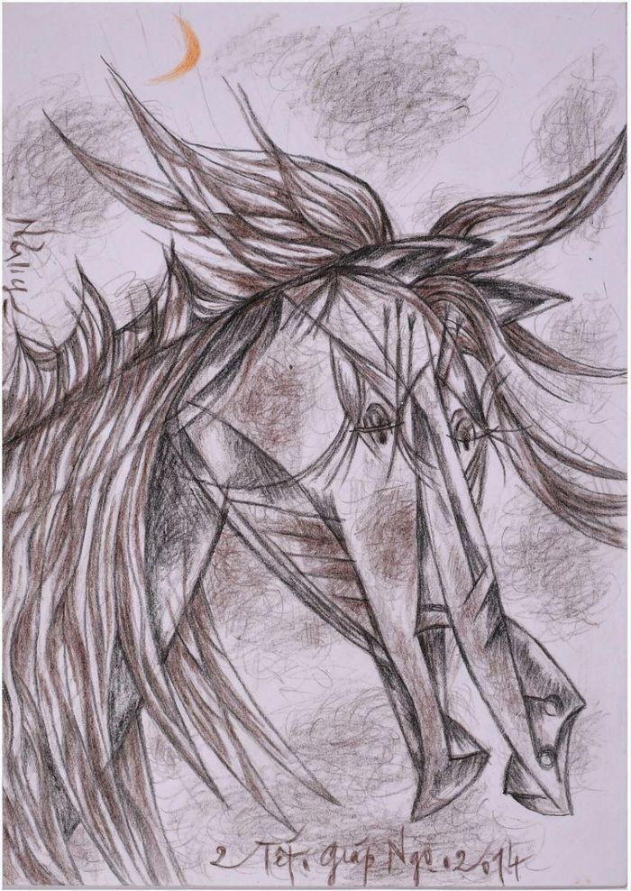 “Ngựa. Ngựa-Người. Người- Ngựa” (số 4). 2014. Chì màu trên giấy. 21 x 29,5 cm