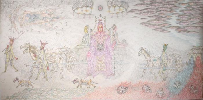 “Ngựa. Ngựa-Người. Người- Ngựa” (số 62) - (Địa phủ). Chì màu trên giấy. 2021 - 2022.107,5 x 215 cm