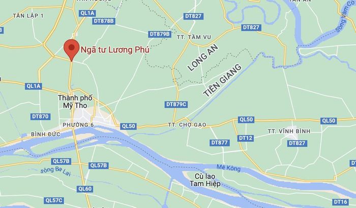  Vụ tai nạn xảy ra tại ngã tư Lương Phú, huyện Châu Thành, Tiền Giang. Ảnh: Google Maps. 
