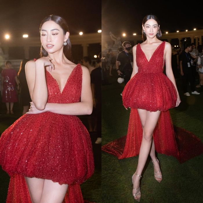 Hoa hậu Lương Thùy Linh trong bộ đầm đỏ rực rỡ yêu kiều.