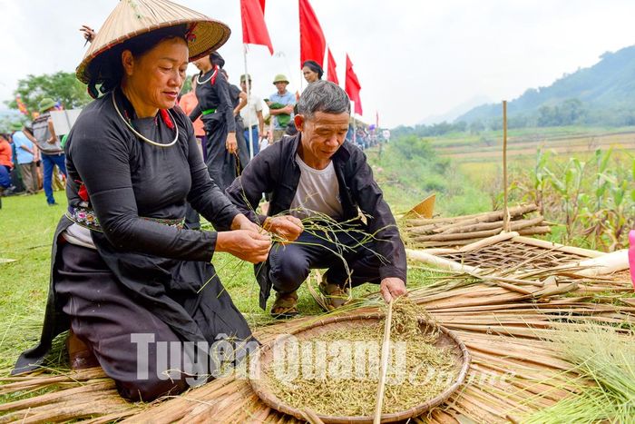 Cốm được tuốt bằng kẹp tre.