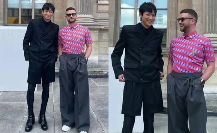 Tại show diễn của Louis Vuiton tháng 6/2022, Kang Dong Won đã có dịp chung khung hình cùng nam ca sĩ đình đám Justin Timberlake. Không hổ danh “thánh sống”, Kang Dong Won thậm chí còn cao lớn và điển trai hơn nam ca sĩ bằng tuổi. Đặc biệt đôi chân dài của nam tài tử khiến dân tình sốc nặng