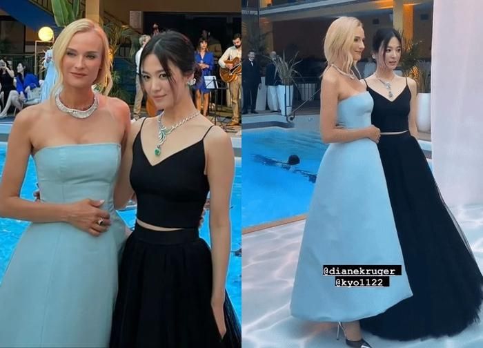Tại sự kiện của hãng trang sức xa xỉ Chaumet vào tháng 7 vừa qua, Song Hye Kyo đã trở thành tâm điểm nhờ diện mạo xinh đẹp, kiêu sa tựa thiên nga đen. Đặc biệt, màn đọ sắc bất phân thắng bại của Song Hye Kyo và Diane Kruger đã khiến mạng xã hội bùng nổ. Song Hye Kyo thanh lịch và bí ẩn, đọ sắc bên “kho báu nước Đức” Diane quyến rũ, tạo nên khung hình hội tụ vẻ đẹp Âu - Á cùng tỏa sáng