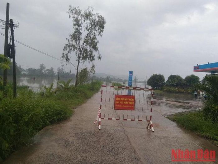 Lực lượng chức năng cắm biển báo không cho người và phương tiện qua lại trên các tuyến giao thông bị ngập ở huyện Đồng Xuân.