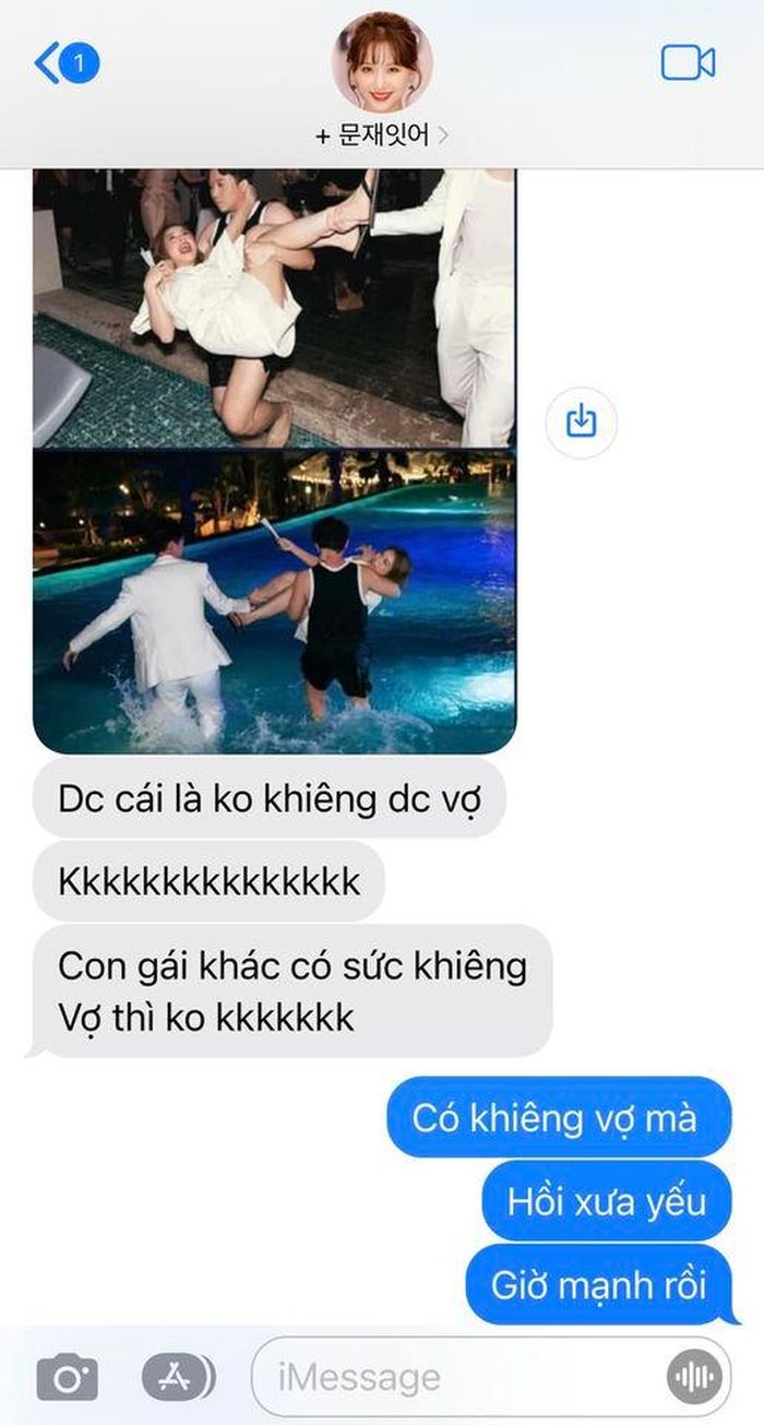Trấn Thành đăng đoạn chat Hari giả vờ ghen khi nam diễn viên bế Sam quăng xuống hồ bơi tại đám cưới Diệu Nhi.