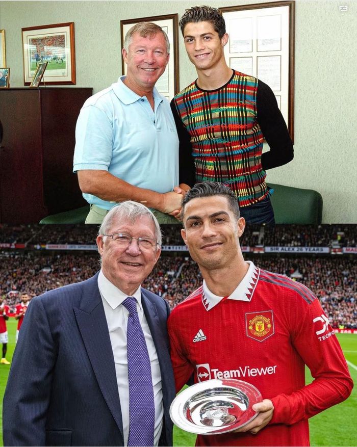 Hình ảnh Sir Alex và Ronaldo vào năm 2003 và hiện tại (2022)