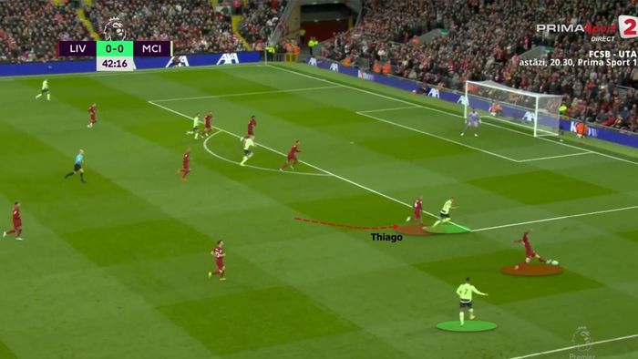 Khi Robertson buộc phải áp sát ở hành lang cánh, Thiago lùi về bọc lót khoảng trống sau lưng. 