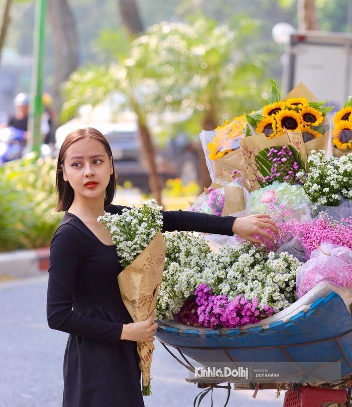 Những gánh hoa nhiều màu sắc của thạch thảo trở thành bối cảnh chụp ảnh lý tưởng.