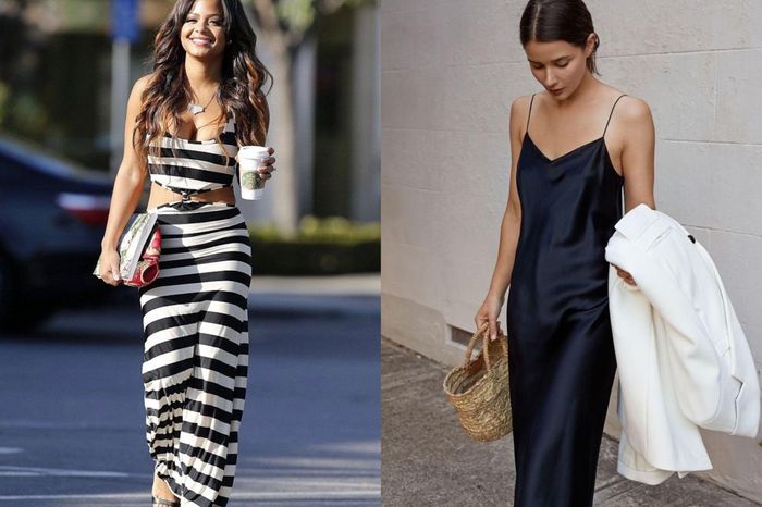  Slip Dress (bên phải) tôn lên vẻ ngoài quyến rũ mà không cần những đường cắt quá táo bạo. Ảnh: Daily Mail, Who What Wear UK. 