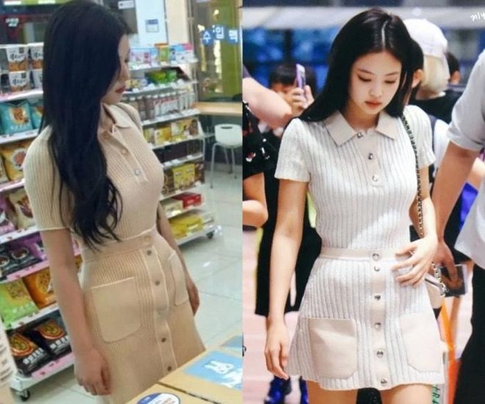 Cùng diện set đồ len gồm áo polo và chân váy ngắn màu beige, tuy nhiên mẫu váy mà Kim Yoo Jung (bên trái) diện có khác biệt đôi chút với phần túi được may cao hơn