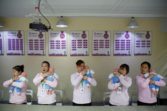  Nhóm học viên của một chương trình đào tạo người giúp việc gia đình thuộc ĐH Ayi (Bắc Kinh) đang thực hành chăm sóc trẻ em trên búp bê. Ảnh: Reuters. 