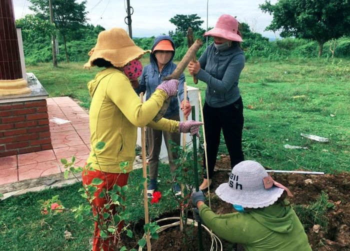 Cán bộ, hội viên Hội LHPN xã Tân Long trồng, chăm sóc hoa giấy tại Di tích lịch sử Làng Vây - Ảnh: T.L 