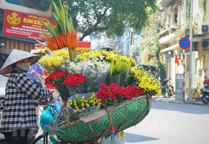  Các xe hoa rong được nhìn thấy ở khắp các ngõ ngách của Hà Nội, buổi sáng nhiều hơn buổi chiều do nhu cầu và độ tươi của hoa. (Ảnh: Khánh Hòa/TTXVN) 