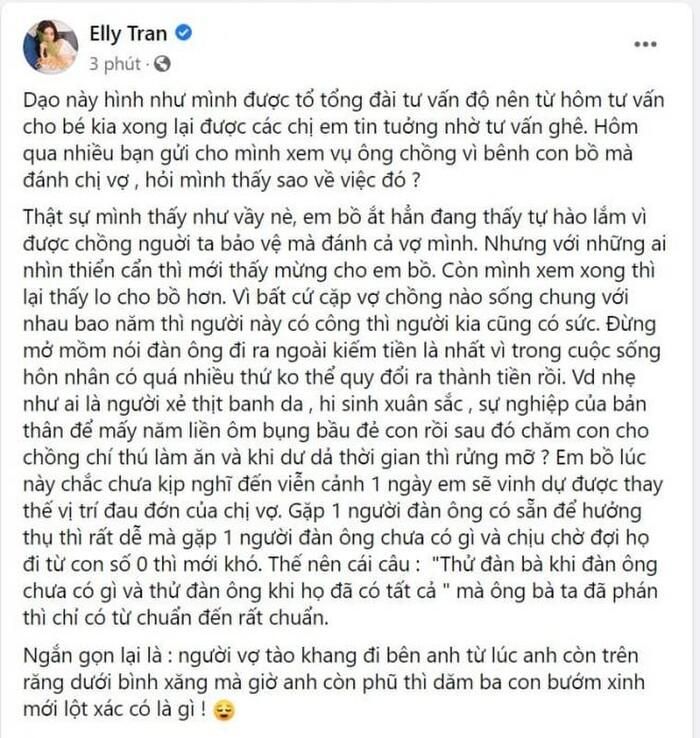 Elly Trần từng lên tiếng, cho rằng cảm thấy lo lắng cho "phận bồ nhí" trong ồn ào đánh ghen ở phố Lý Nam Đế.