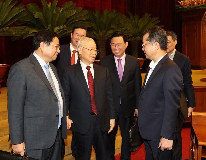 Tổng Bí thư Nguyễn Phú Trọng và các đồng chí lãnh đạo Đảng, Nhà nước dự hội nghị. Ảnh: Trí Dũng