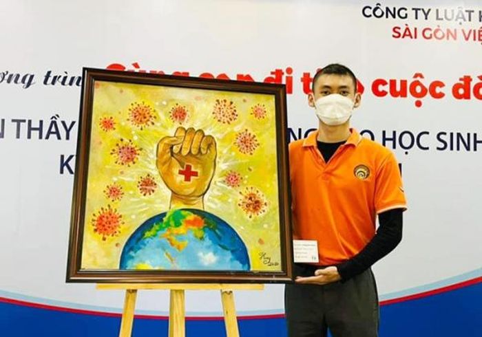 Gia Huy và bức vẽ “Chống lại CORONA virus” được đại sứ quán Ấn Độ mời dự triển lãm tranh.
