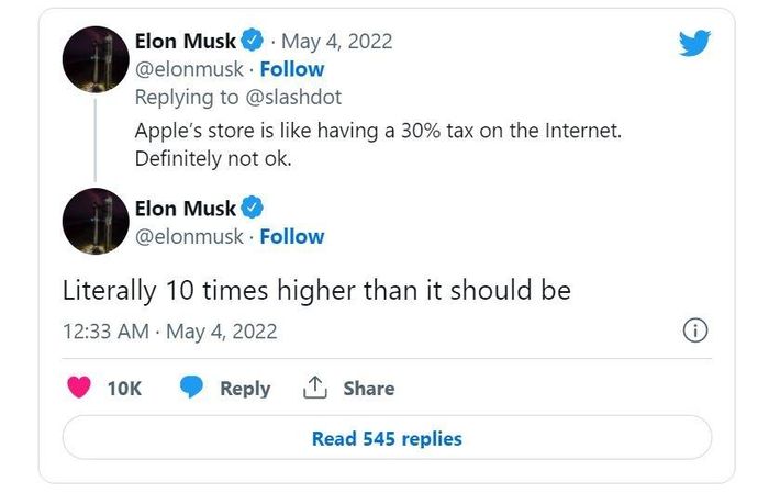 Vào tháng 5, Elon Musk từng nhận xét mức phí cua Apple "cao gấp 10 lần mức nên đặt". Ảnh: Twitter/@elonmusk.