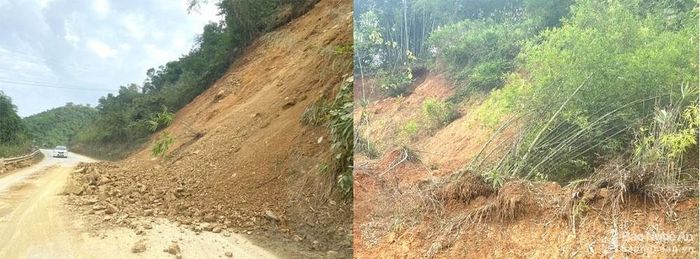 Sạt lở núi ở dốc Chó, đất đá từ trên núi cao tràn xuống, phía trên núi các bụi tre bị bật tung gốc. Ảnh: Văn Trường