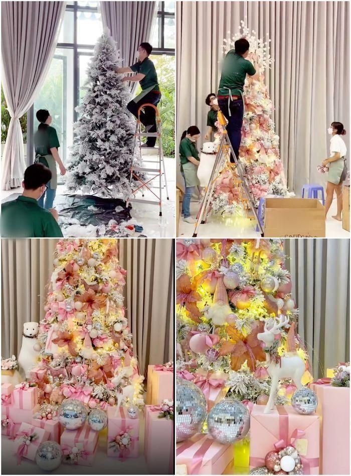 Chân dài Trà Vinh huy động nhân lực lớn để nhanh chóng hoàn thiện khâu trang trí toàn bộ biệt thự. Cơ ngơi của người đẹp quê Trà Vinh đầy ắp các vật dụng trang trí từ cây thông lớn, những quả châu, gấu bông đến những hộp quà... Tất cả đều lấy màu hồng nhạt là màu sắc chủ đạo.