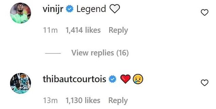 Đồng đội của anh ở Real Madrid, Vinicius Jnr gọi Hazard là 'huyền thoại'. Thibaut Courtois – người bạn lâu năm trong sự nghiệp bóng đá của Hazard đã chia sẻ bằng cách bình luận biểu tượng cảm xúc với một trái tim đỏ và khuôn mặt buồn.