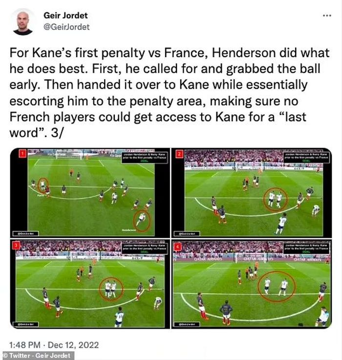 Jordan Henderson đóng vai trò như một "người bảo vệ" với Harry Kane trước khi tiền đạo này thực hiện quả phạt đền đầu tiên