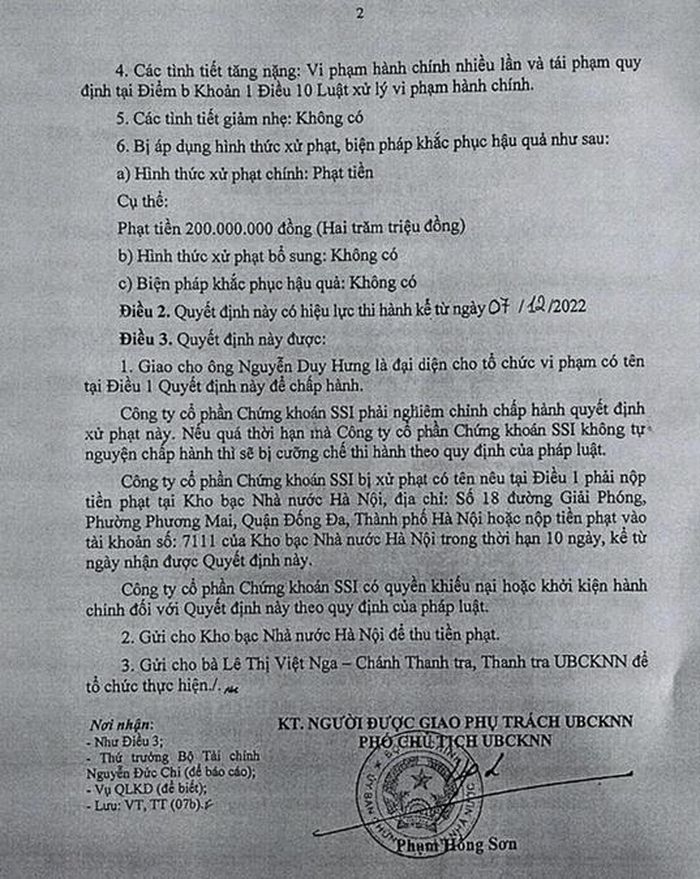 Ủy ban Chứng khoán Nhà nước xử phạt vi phạm hành chính 200 triệu đồng với CTCP Chứng khoán SSI do công ty này vi phạm quy định về hạn chế cho vay. Ảnh: HoSE