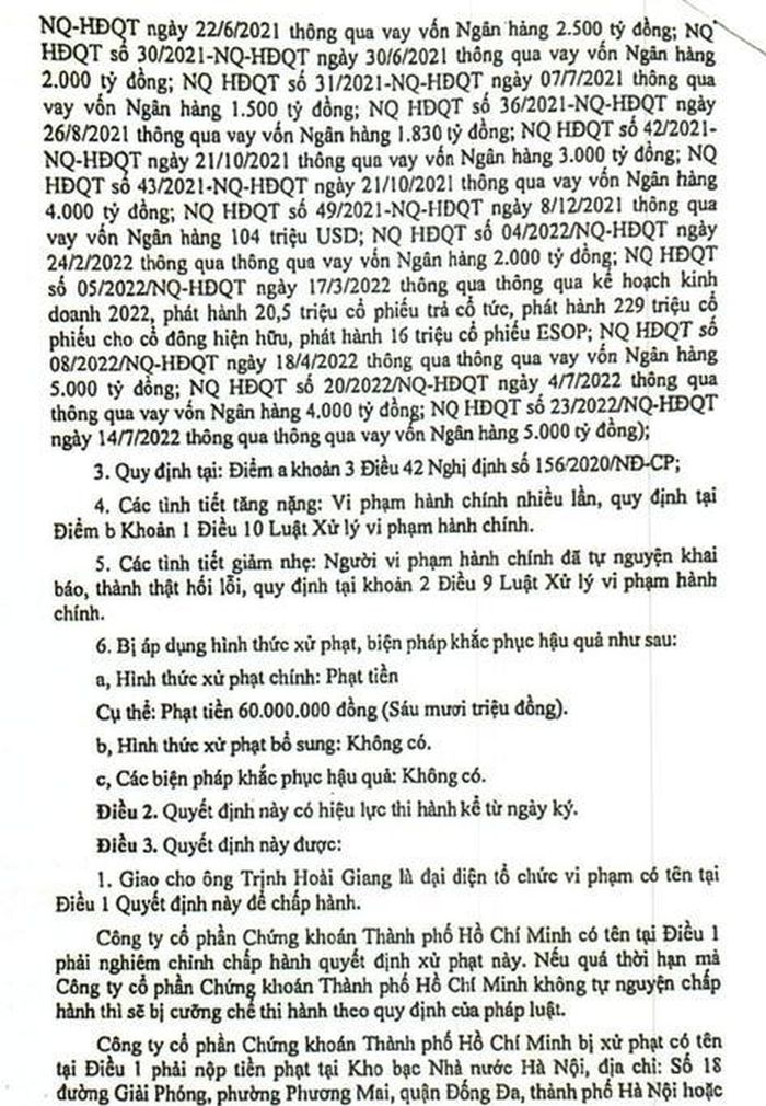 Ủy ban Chứng khoán Nhà nước xử phạt vi phạm hành chính 60 triệu đồng với CTCP Chứng khoán Thành phố Hồ Chí Minh do công ty này công bố thông tin không đúng thời hạn theo quy định pháp luật. Ảnh: HoSE