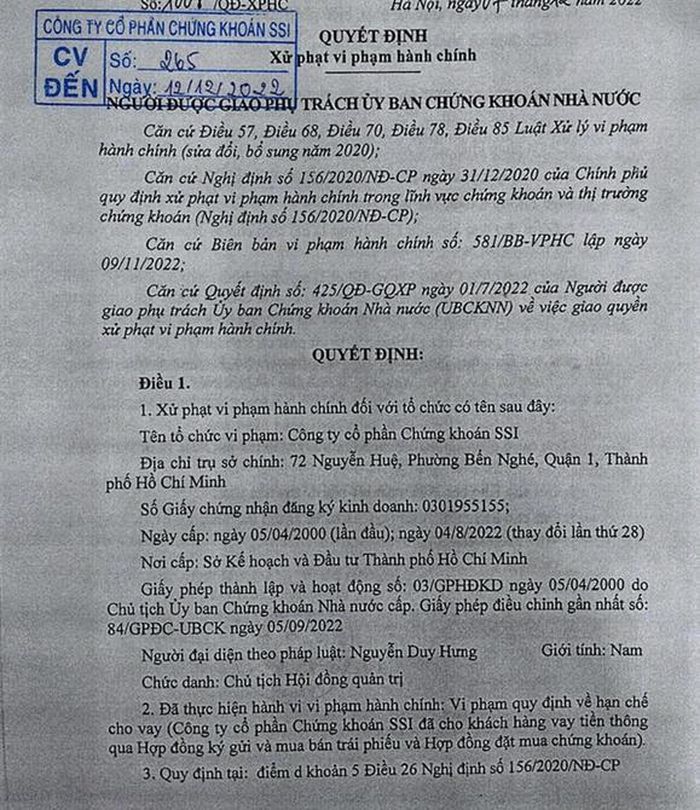 Ủy ban Chứng khoán Nhà nước xử phạt vi phạm hành chính 200 triệu đồng với CTCP Chứng khoán SSI do công ty này vi phạm quy định về hạn chế cho vay. Ảnh: HoSE