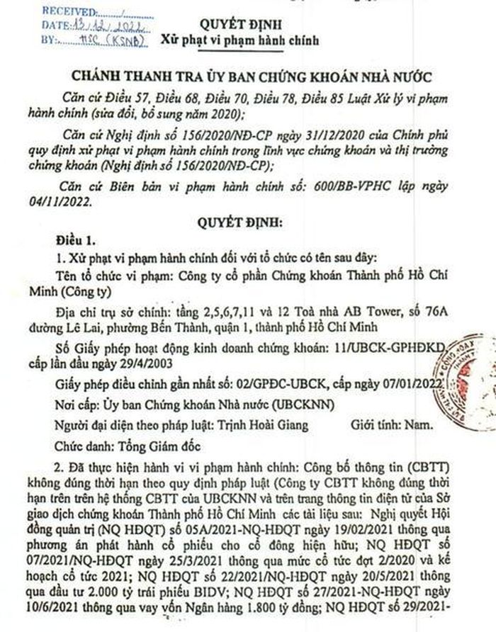 Ủy ban Chứng khoán Nhà nước xử phạt vi phạm hành chính 60 triệu đồng với CTCP Chứng khoán Thành phố Hồ Chí Minh do công ty này công bố thông tin không đúng thời hạn theo quy định pháp luật. Ảnh: HoSE