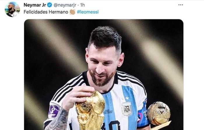 Trên trang xã hội của mình, Neymar chúc mừng ông anh Messi. Ảnh: Twitter