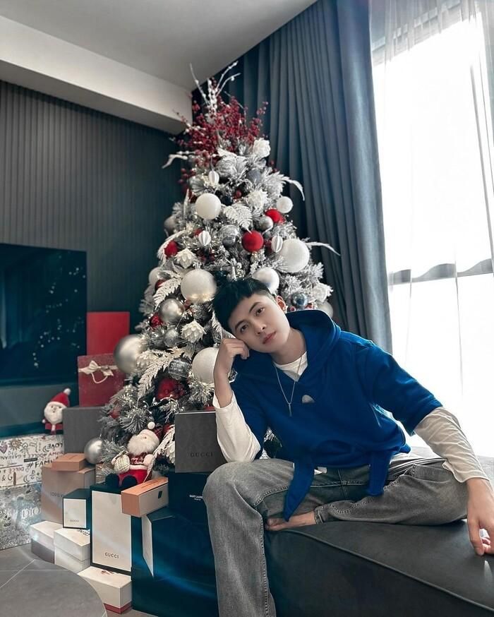 Còn Gin Tuấn Kiệt khá thoải mái khi khoe hình ảnh chụp trọn cây thông Noel