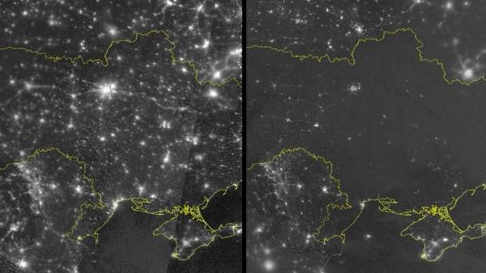 Ảnh vệ tinh do NASA công bố hồi tháng 11/2022 cho thấy phần lớn lãnh thổ Ukraine không còn được thắp sáng vào ban đêm.