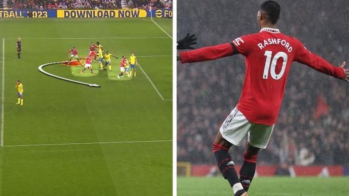  Chỉ có 5 cái bóng áo đỏ trong vùng cấm nhưng đội chủ sân Old Trafford đánh lừa được hàng thủ Nottingham Forest. Rashford, cầu thủ thực hiện pha dứt điểm, đứng nép mình phía sau đồng đội. 