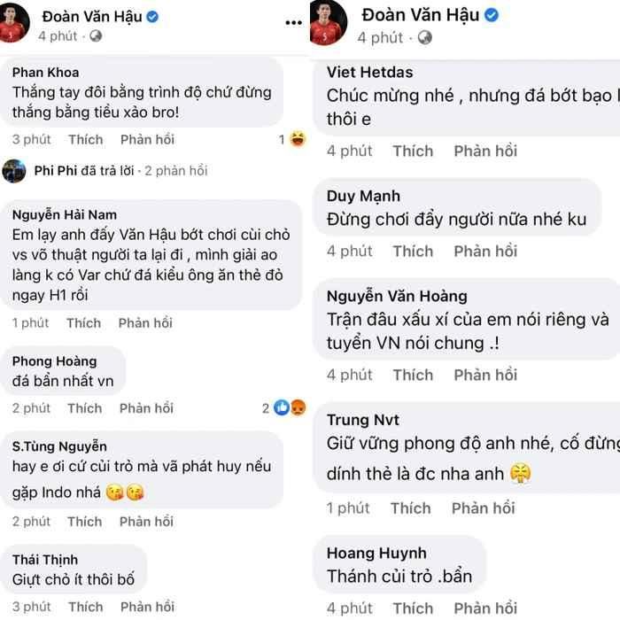 Hải Nam bình luận: “Em lạy anh đấy Văn Hậu, bớt chơi cùi chỏ và võ thuật người ta lại đi, mình giải ao làng không có VAR chứ đá kiểu ông ăn thẻ đỏ ngay hiệp 1 rồi”.