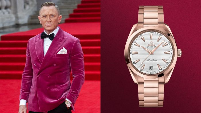  Bên cạnh các phụ kiện tối màu, Daniel Craig sở hữu một số mẫu tông vàng hồng thanh lịch. Nam diễn viên từng đeo Omega Seamaster Aqua Terra vàng 18K. Kích thước mặt số của mẫu đồng hồ là 41 mm. Thiết bị xem giờ được bán với giá 26.000 USD. Ảnh: GQ. 