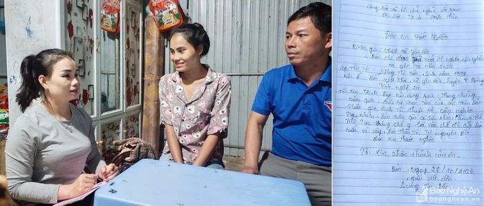 Gia đình chị Lương Thị Dần ở bản Xốp Kha, xã Yên Hòa - Tương Dương với lá đơn xin thoát nghèo. Ảnh Nguyễn Thanh