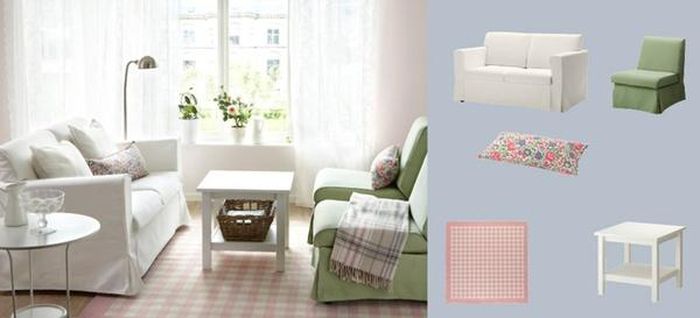 Xanh lá nhạt kết hợp với màu trắng cộng với tấm thảm và gối hoa sặc sỡ tạo nên điểm nhấn giúp căn phòng thoát khỏi vẻ đơn điệu nhàm chán.