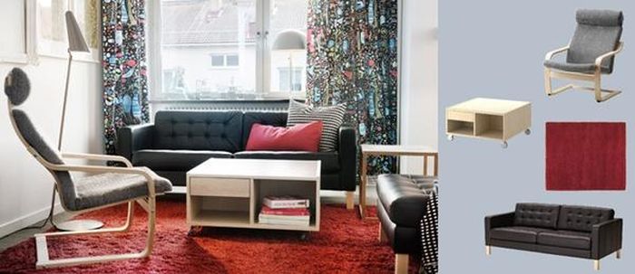 Tấm thảm màu đỏ mang đến sự độc đáo và chút phá cách cho căn phòng sử dụng nhiều nội thất tối màu.