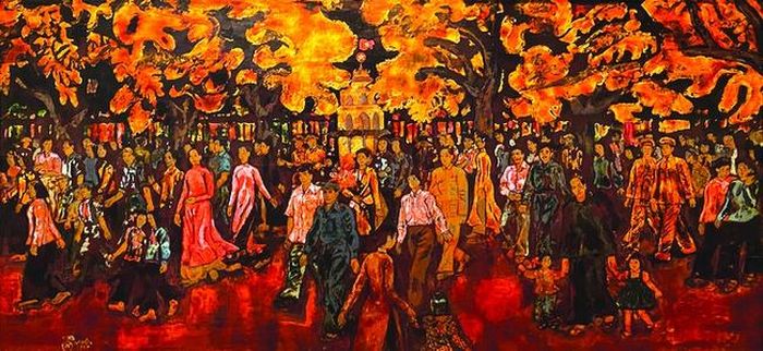 Hồ Gươm đêm giao thừa, tranh sơn mài của Nguyễn Tư Nghiêm, 1957